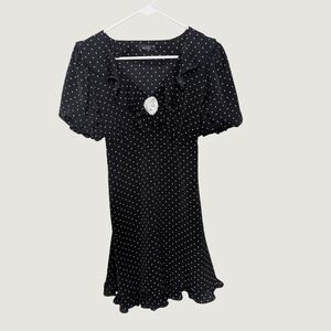 Lichi Coquette Feminine Polka Dot Ruffle Mini Dress Black White Size M